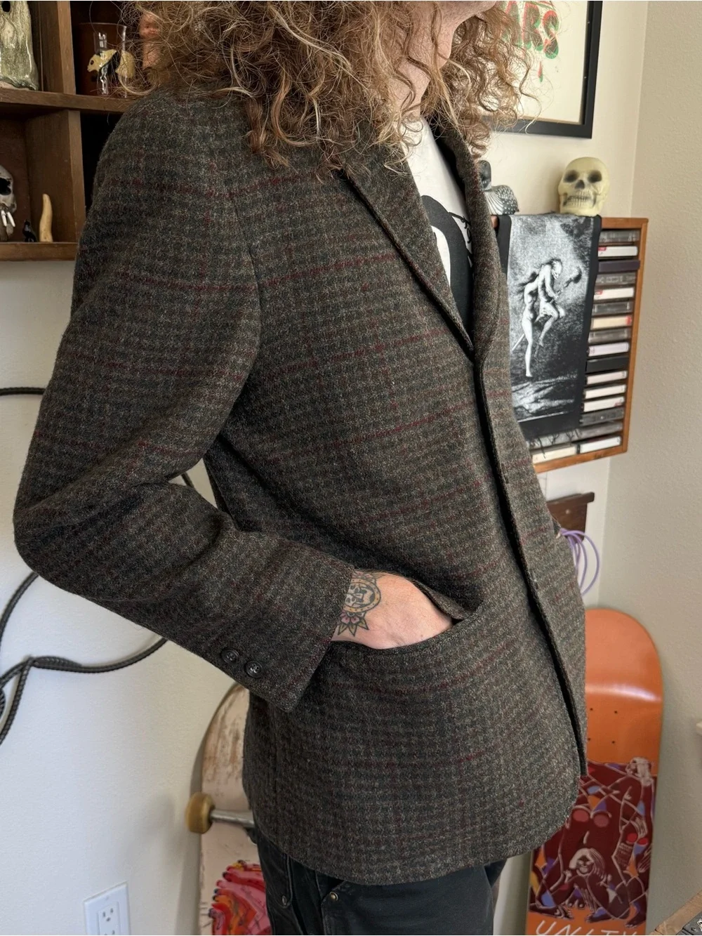 Vintage 50s 60s Tweed Wool Lined Houndstooth Plaid Blazer ~ Size M / 40R
